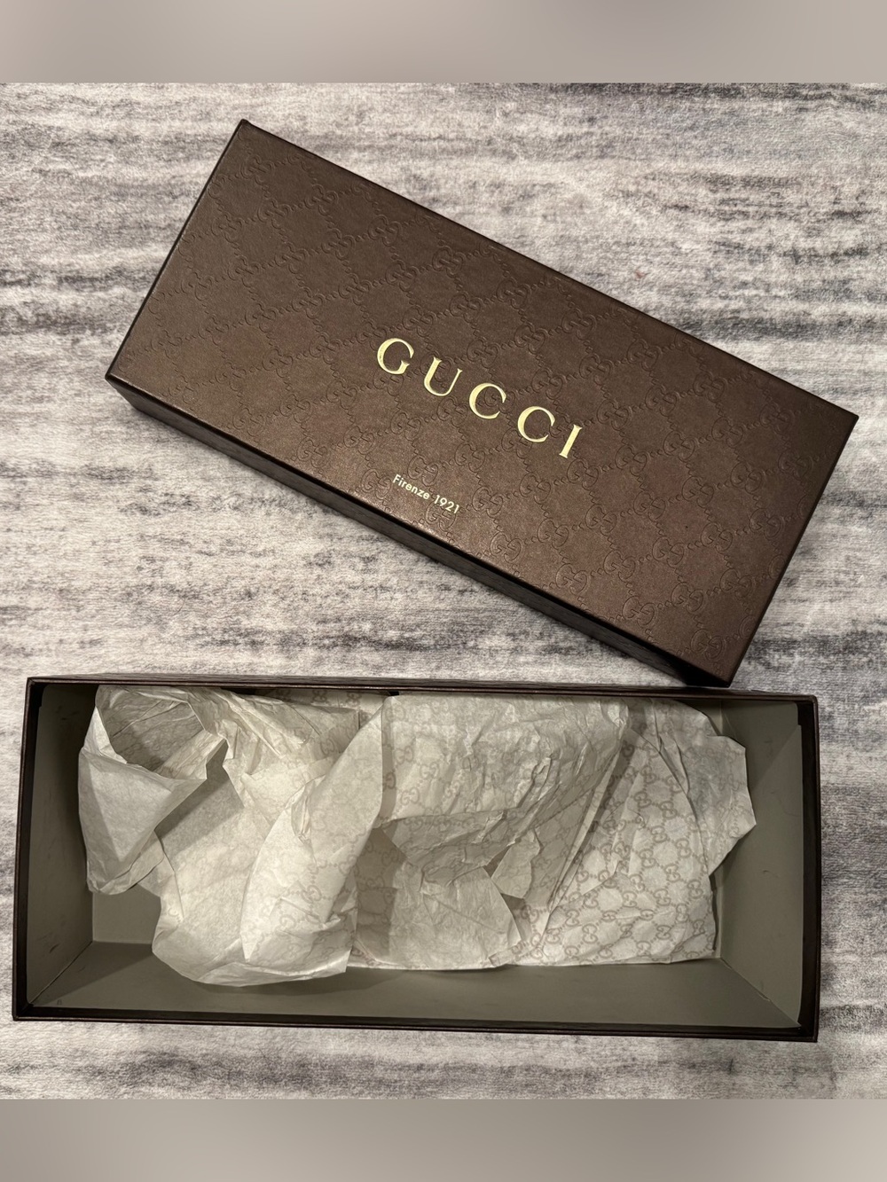 Gucci Brown Box with Gold Logo and Branded Tissue